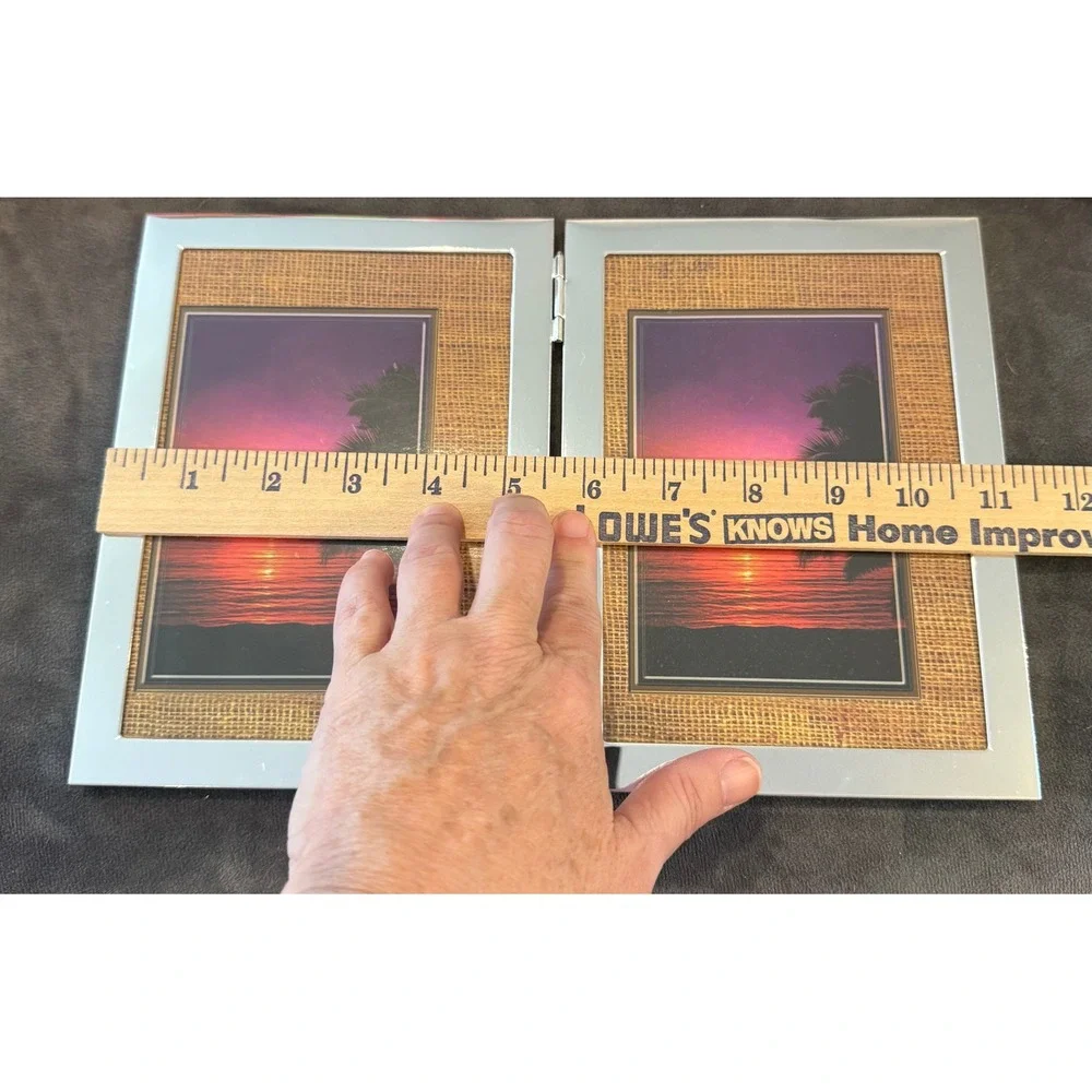 Double Picture Frame Silver Tone Burlap Mat Hinged Folding Free Standing